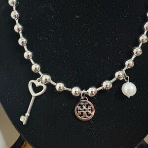 Silver Beaded Necklace with Key and Pearl Charms and Earrings